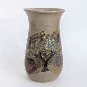 Handmade Vintage Studio Pottery Vase w/ 3D Tree Design 5 3/8" Tall Simple Earthy